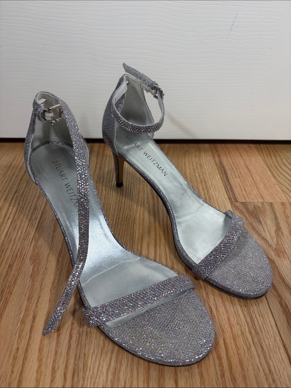 Stuart Weitzman Glittery Silver Open-Toe Ankle-Strap Stilettos